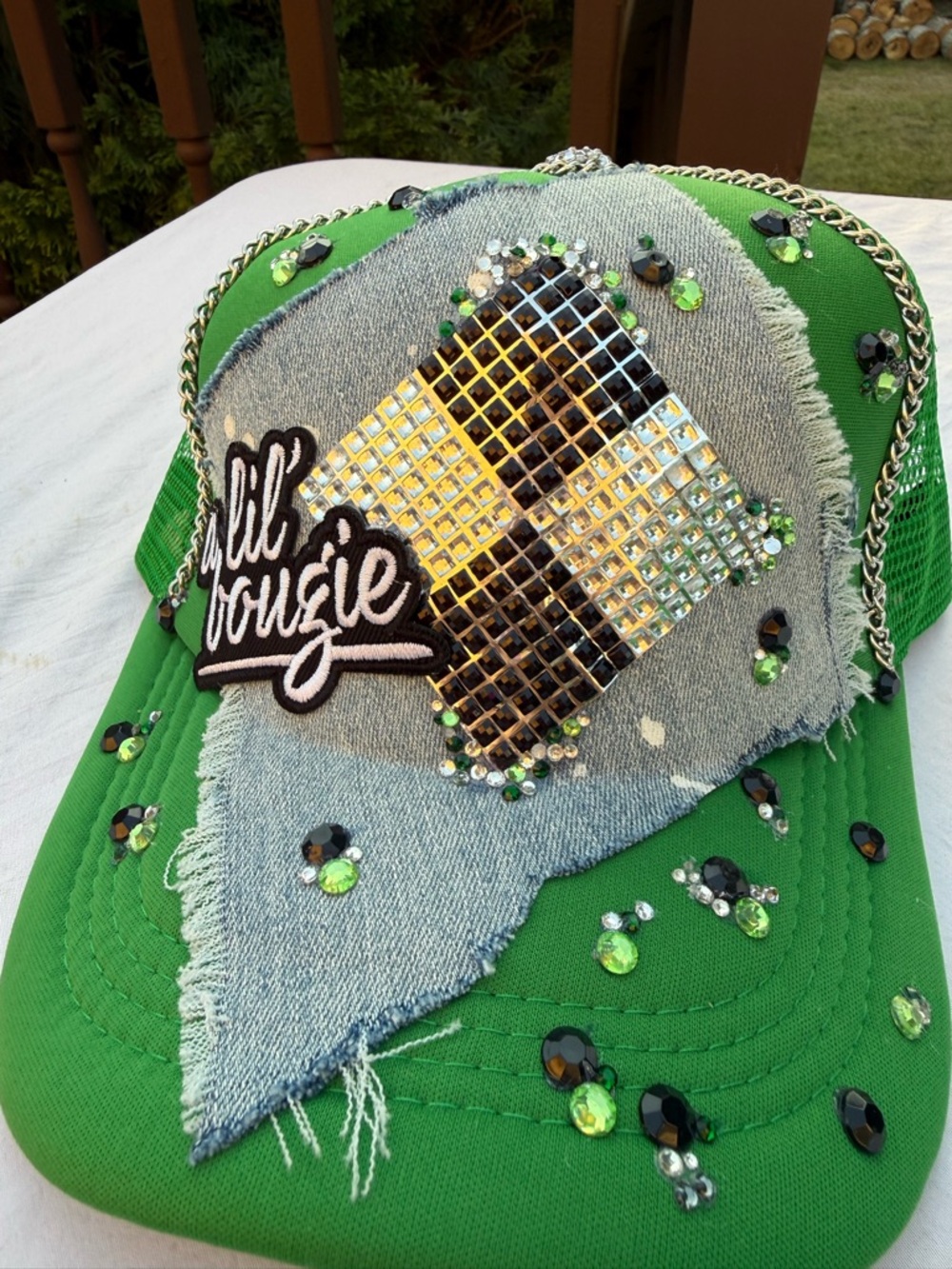 Green custom Embellished Trucker Hat with Denim Patch